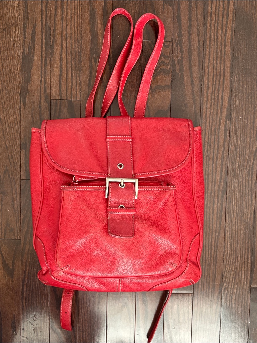 Jones New York Red Pebbled Genuine Leather Women's Backpack with Front Buckle